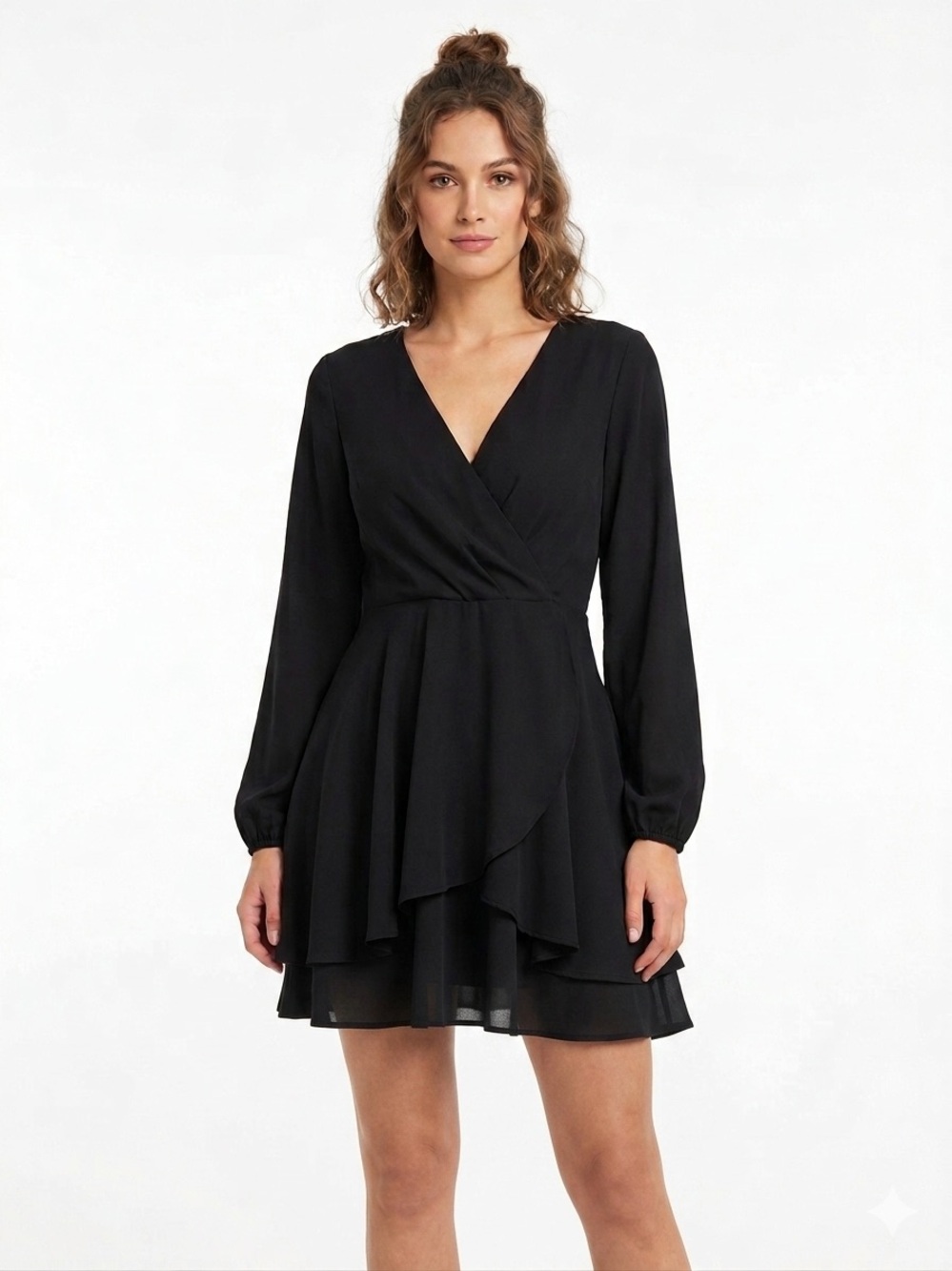NWOT Black Long-Sleeve Ruffle Faux Wrap Dress